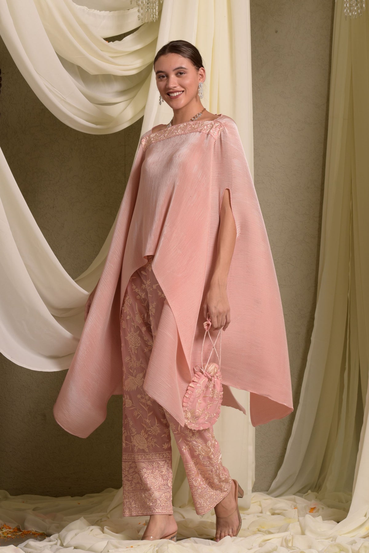 Reyna Gara Glazed Pleated Cape Coordinated Set