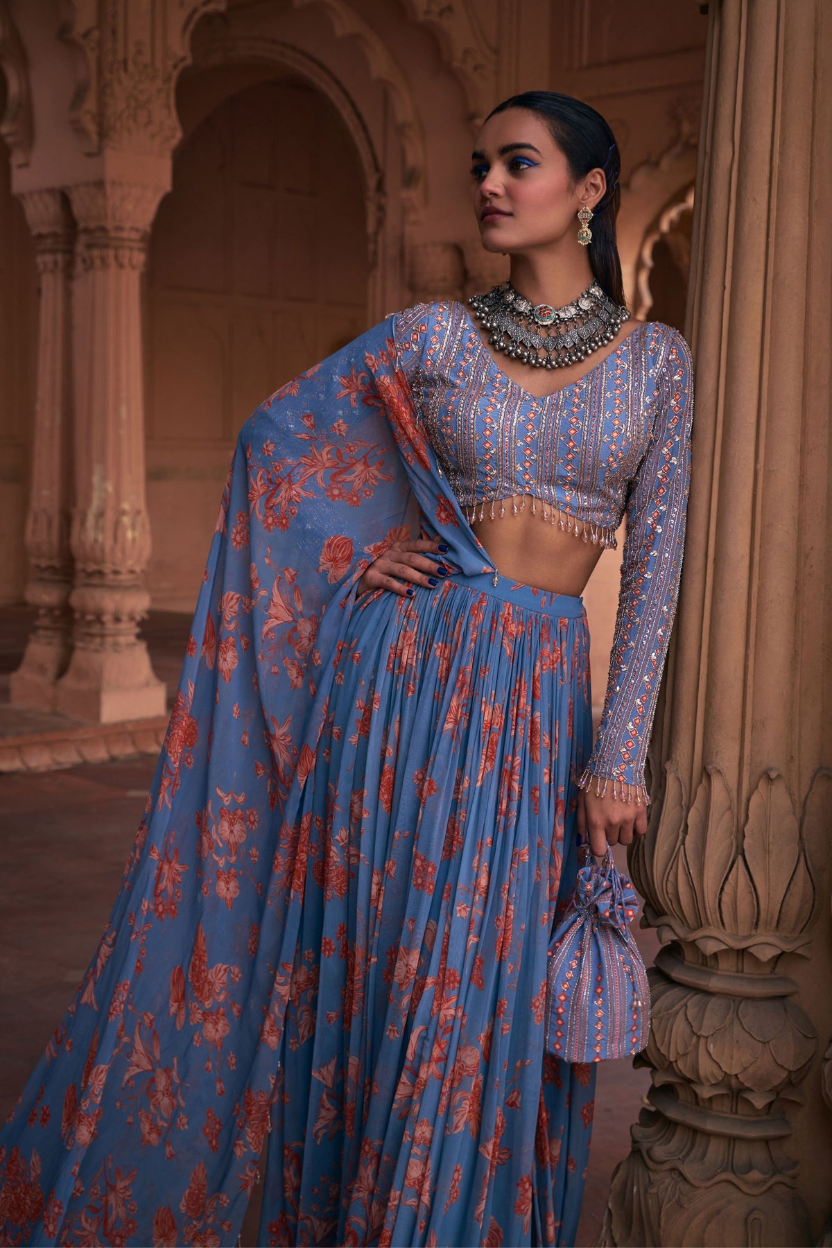 Slate Blue Draped Saree Set