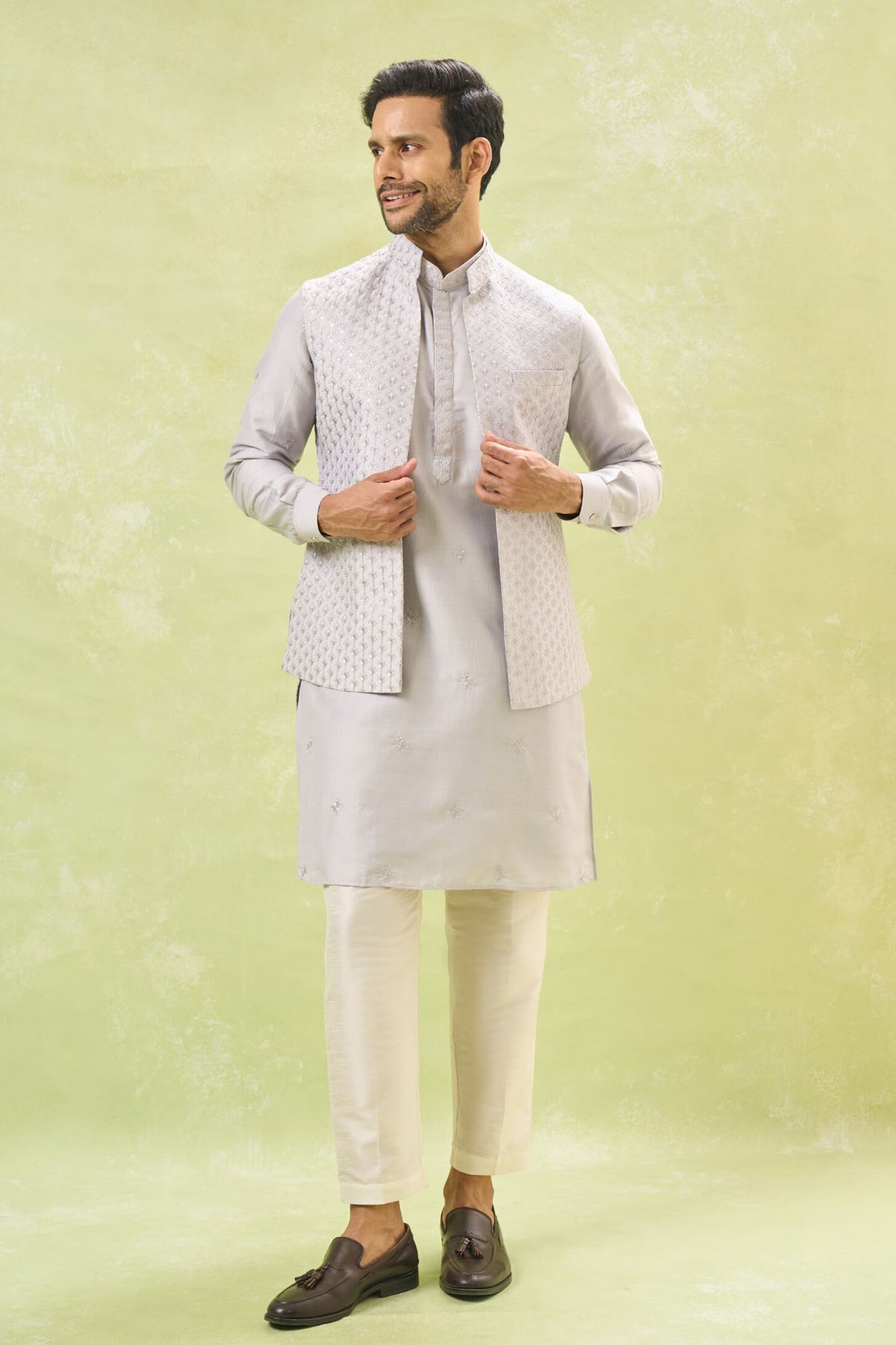 Grey Embroidered Nehru Jacket Set