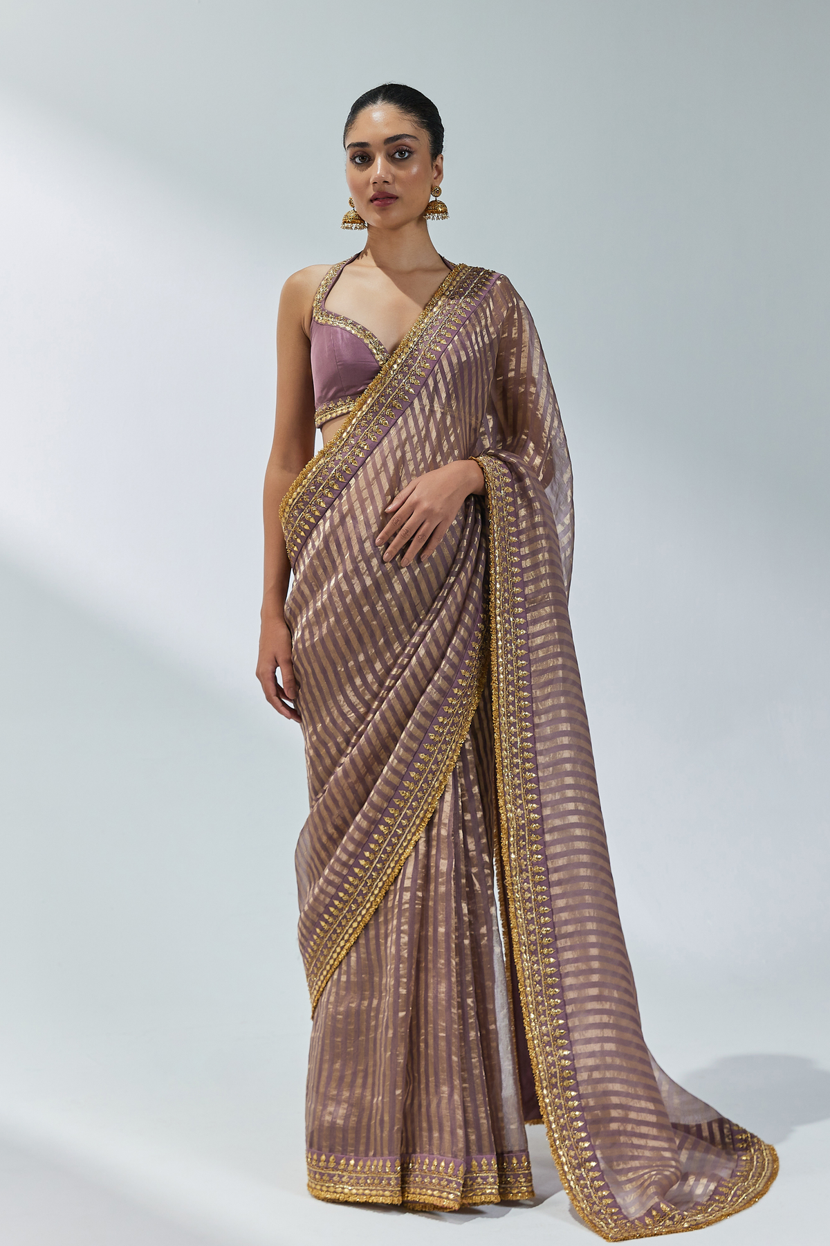 Dusty Mauve Embroidered Saree Set