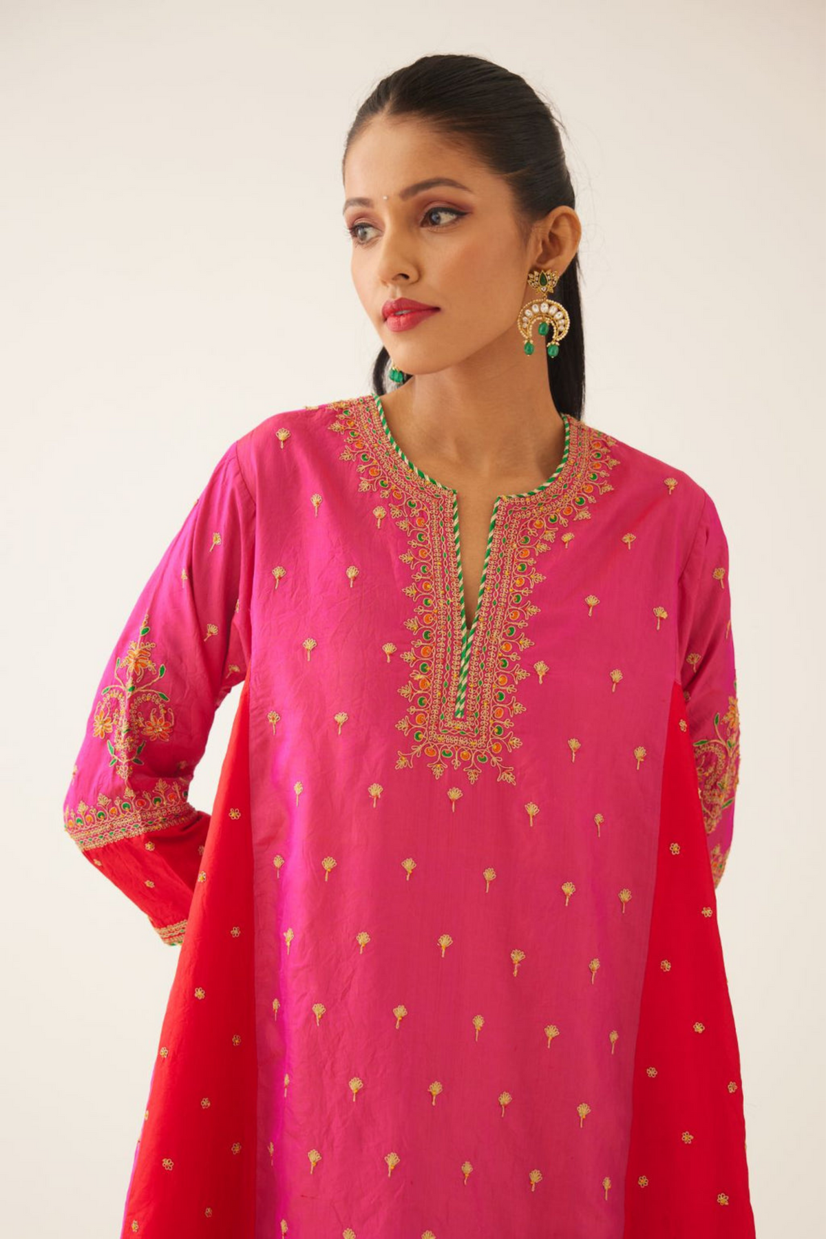 Red &amp; Fuchsia Silk Kalidar Kurta Set