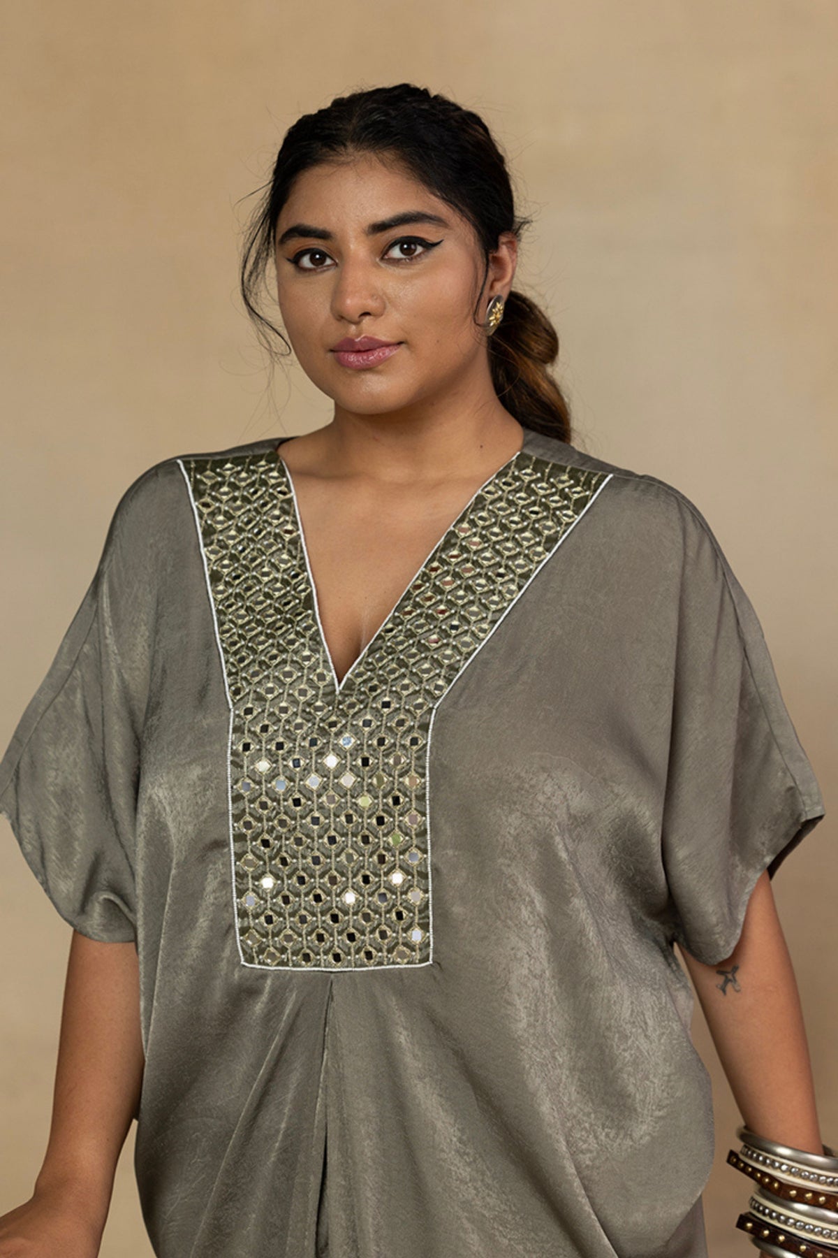 Moss Green Mirror Work Kaftan Dress