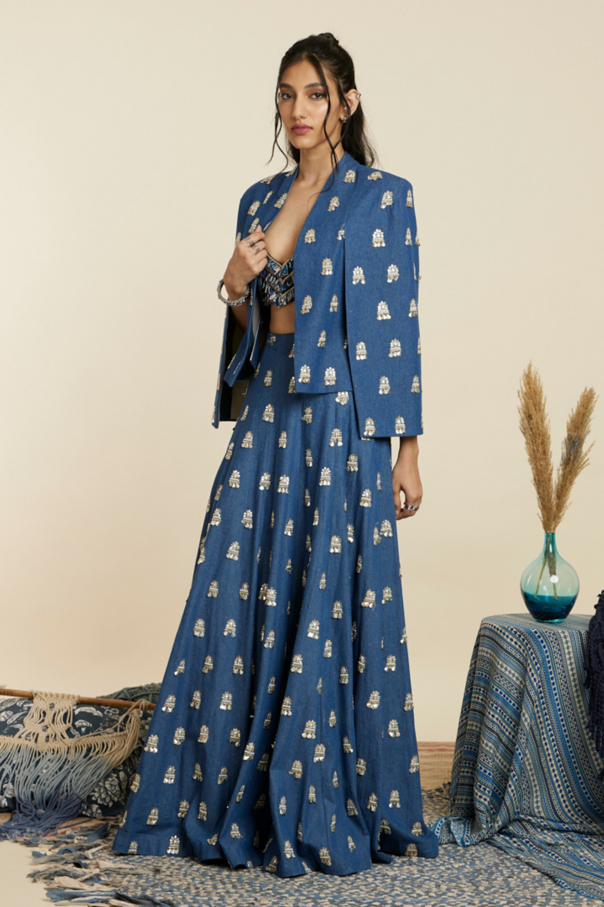 Blue Embellished Denim Lehenga Set