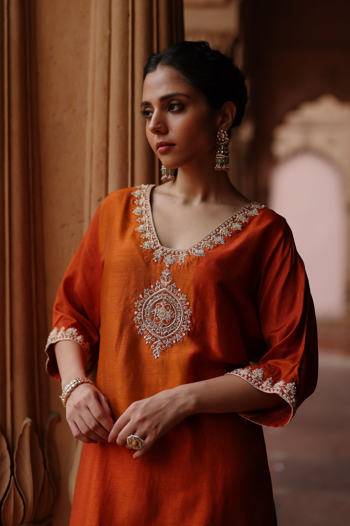 Orange Zardosi Embroidered Kurta Set