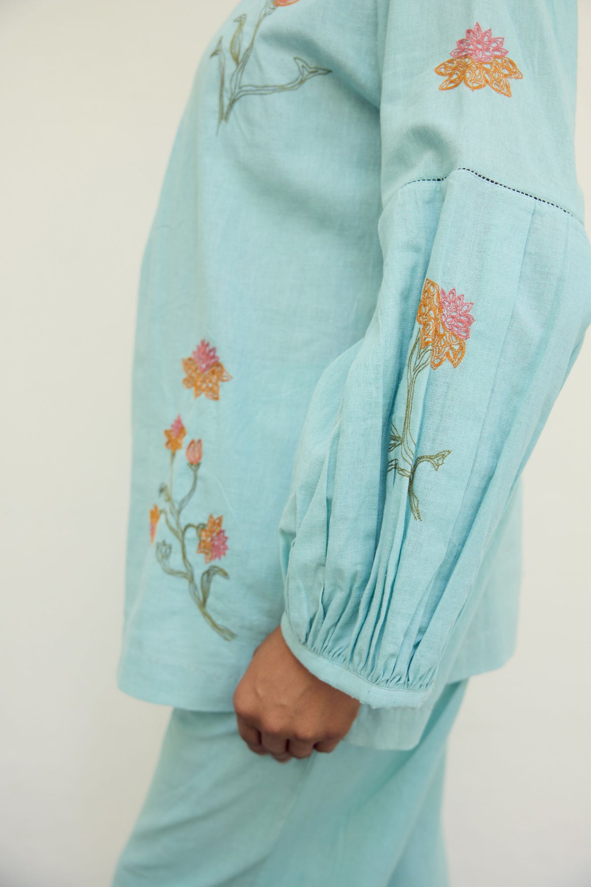 Hand Embroidered Turquoise Cotton Top