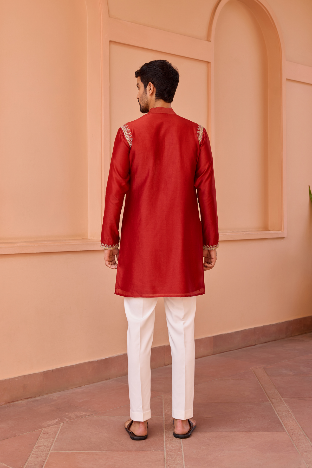 Red dori and hand embroidered silk kurta