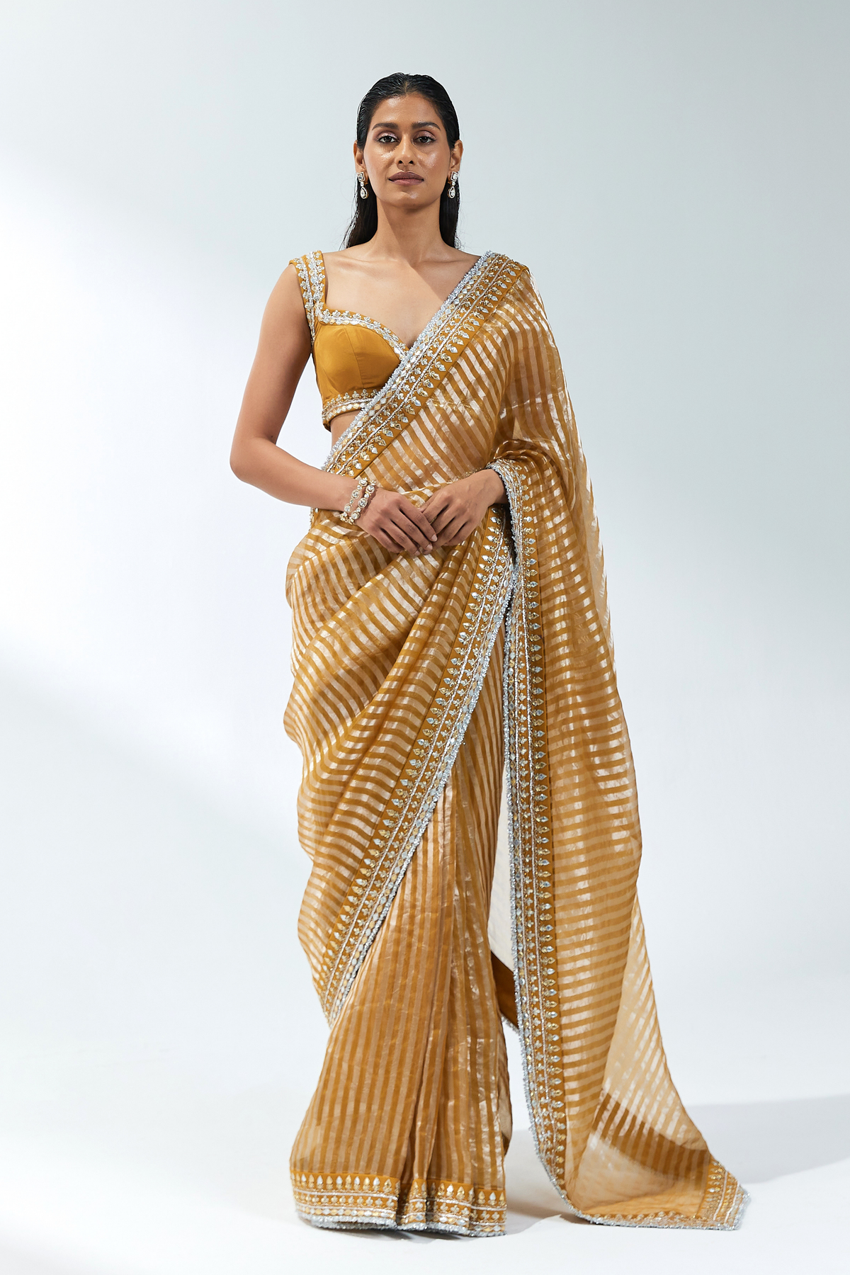 Deep Mustard Embroidered Saree Set