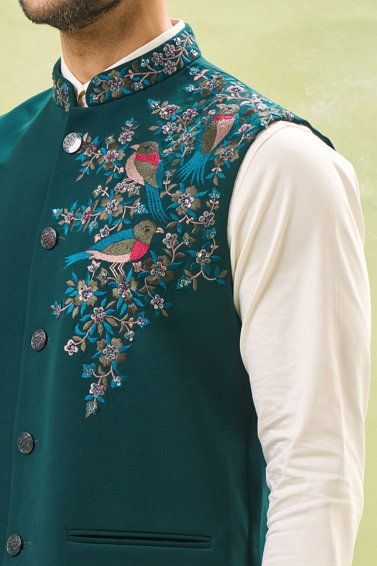 Teal Green Embroidered Nehru Jacket