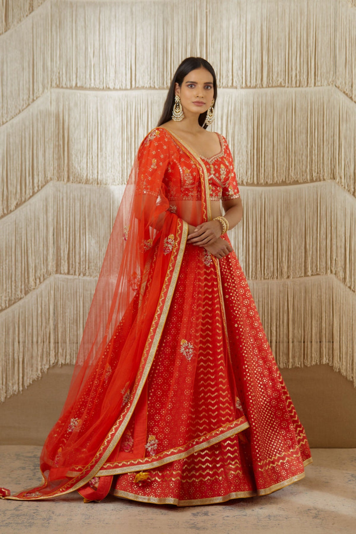 Red zardozi silk lehenga set