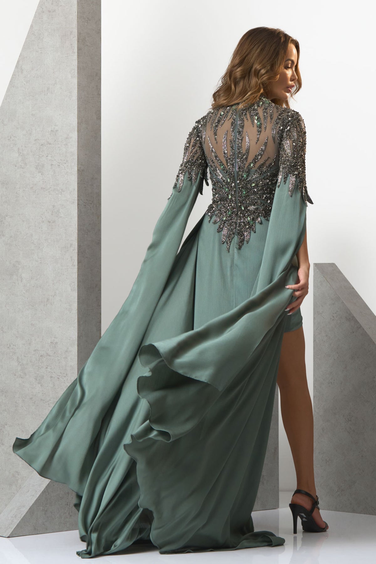 Daniella High Neck Flowy Sleeve Evening Gown