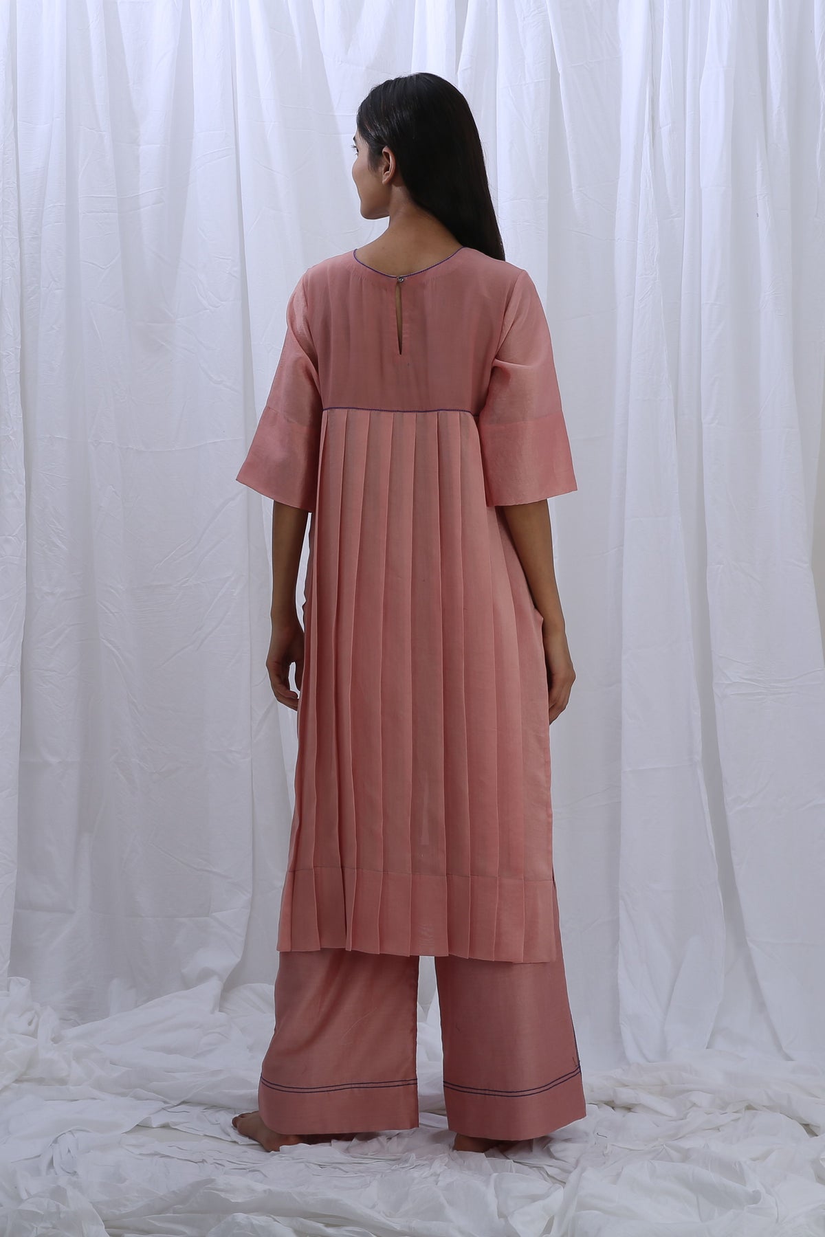 Peachy Pink Embroidery Pleated Kurta Set