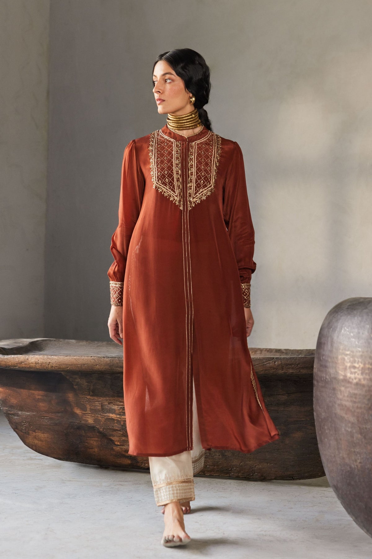 Rust Kurta With Beige Pants