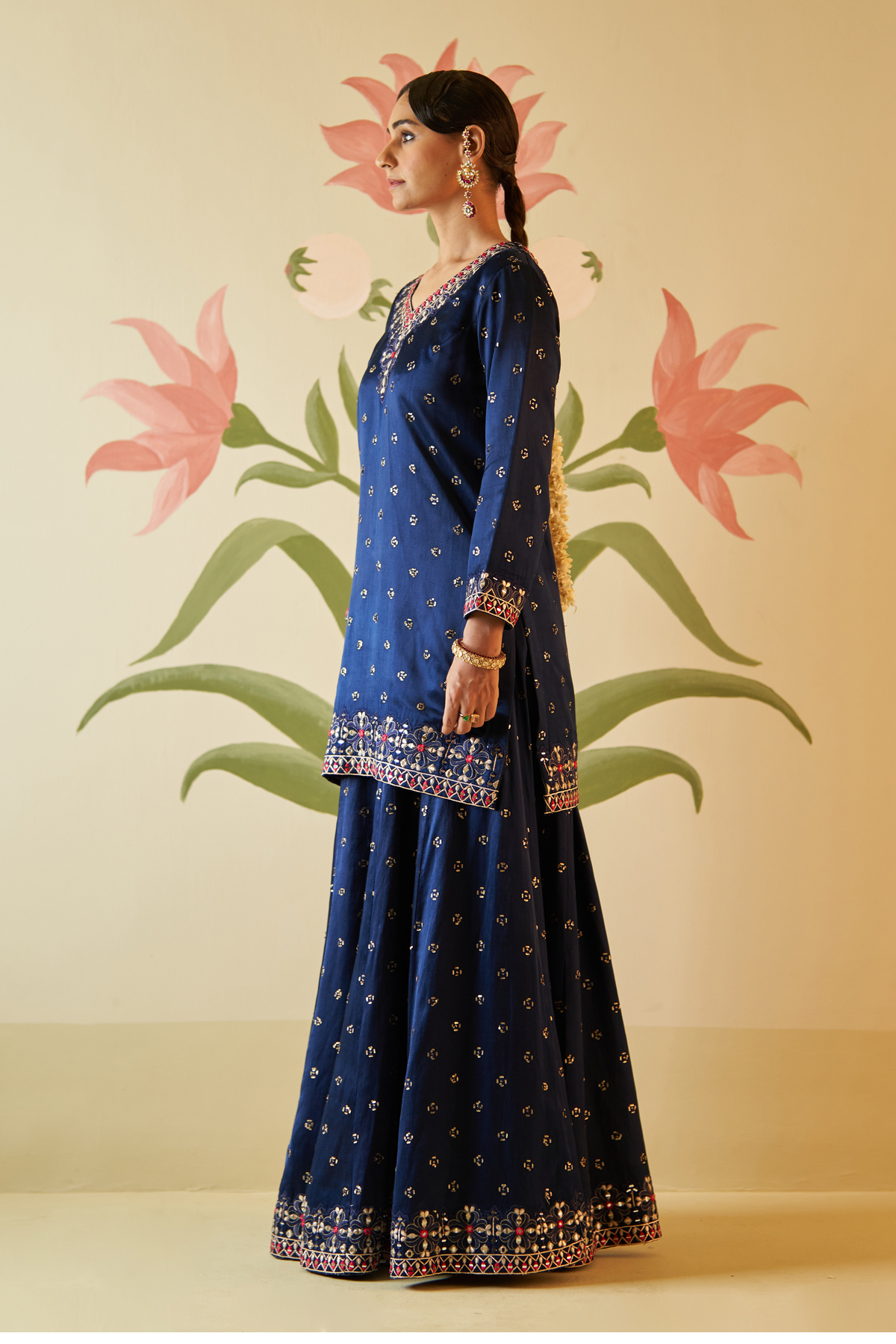 Mid Night Blue Satin Silk Sharara Set