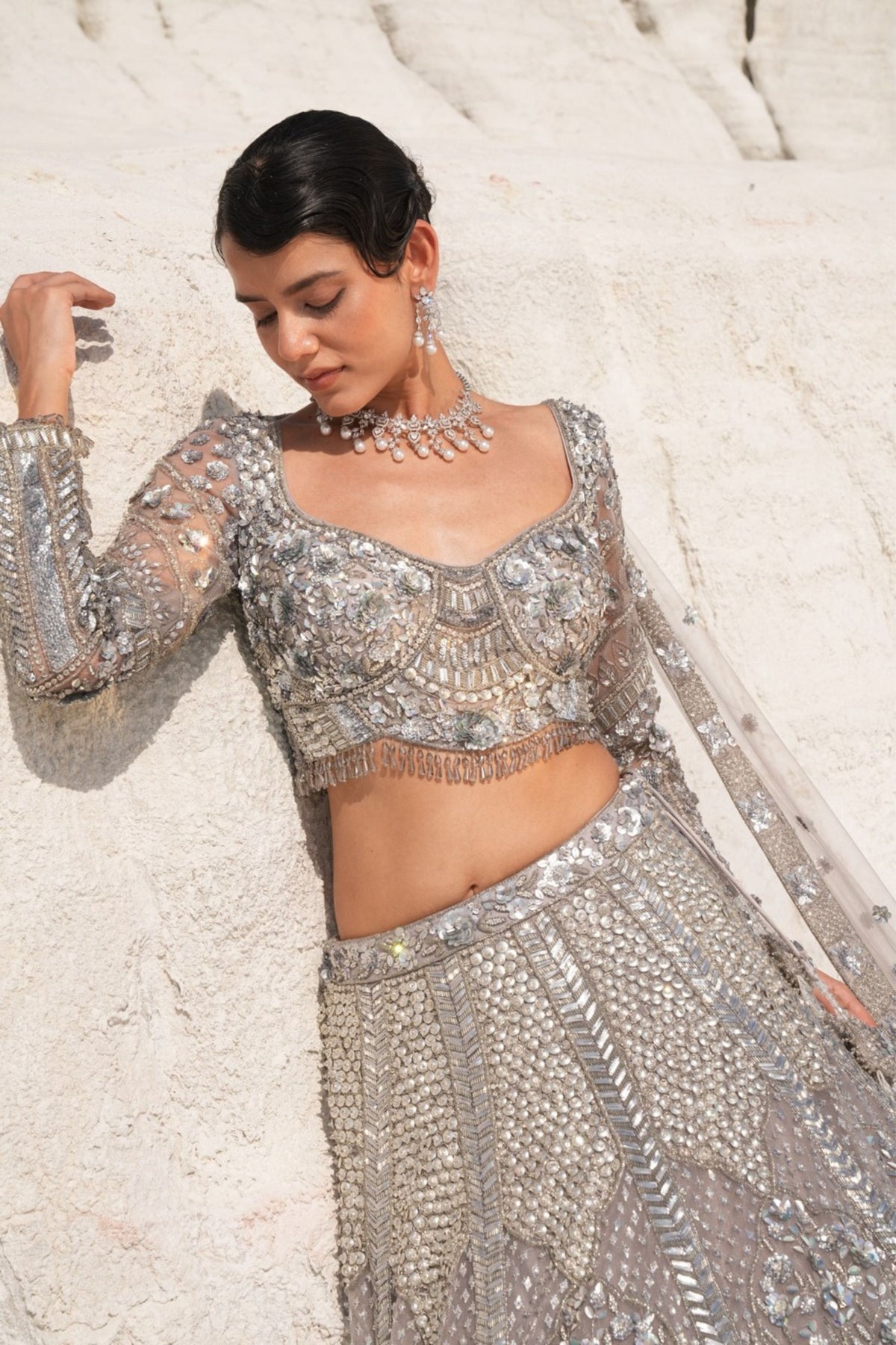 Steel Grey Embroidered Lehenga Set