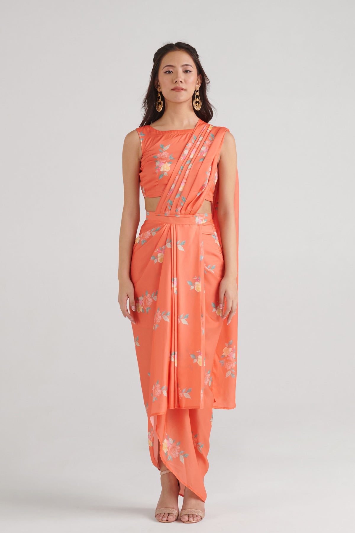 Bright Orange Slit Saree Set