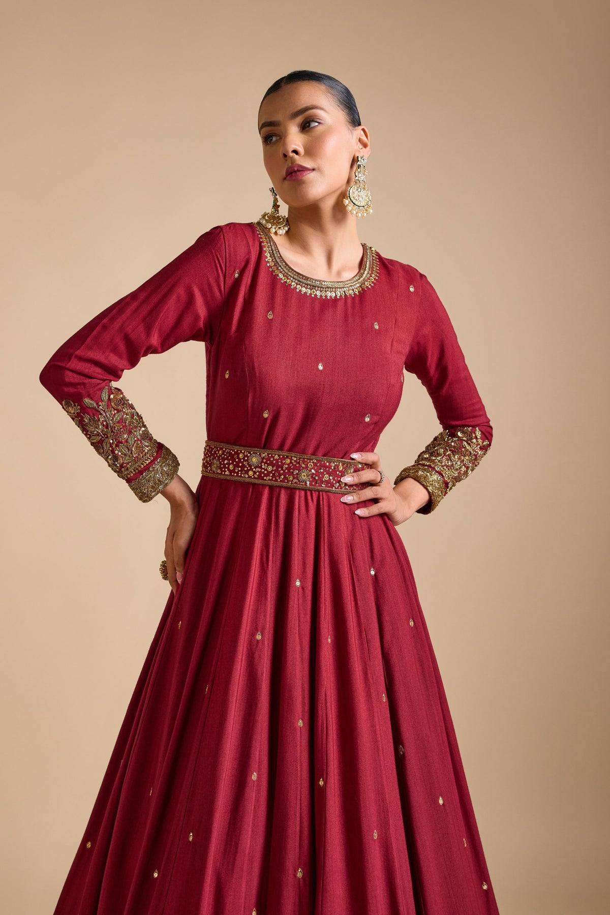 Embroidered Cuff Tussar Anarkali Set