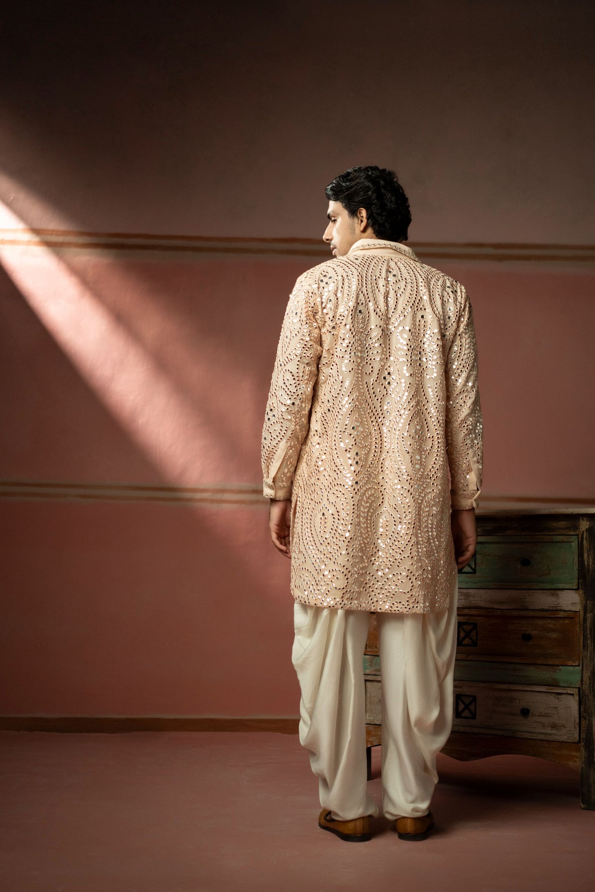 Blush Peach Mirrorwork pathani Suit