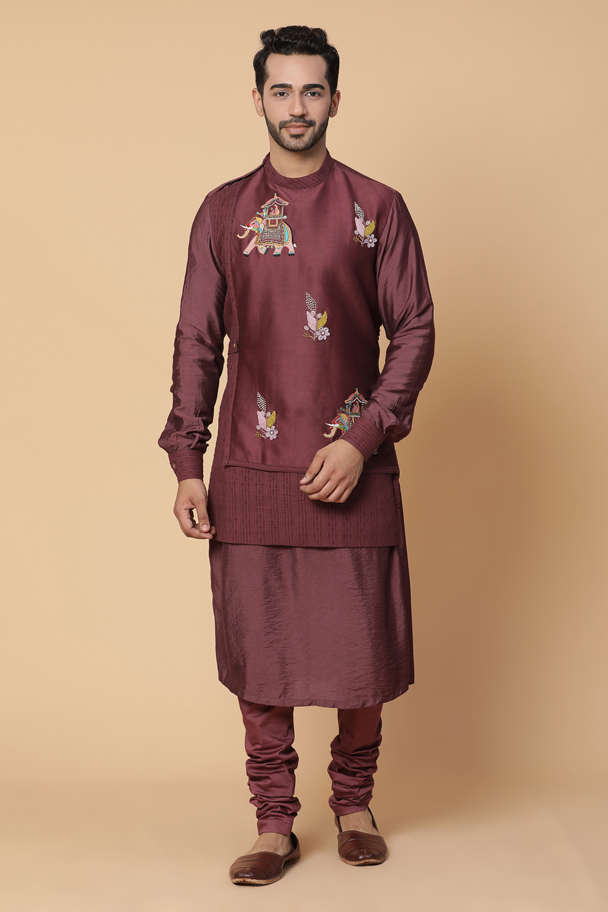 Maroon embroidered layered kurta set