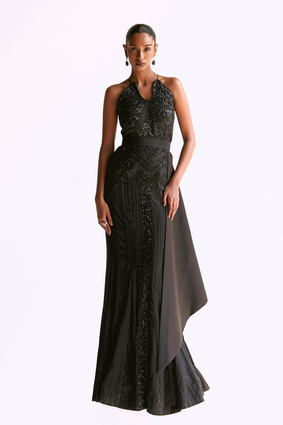 Black Embellished Trumpet Gown