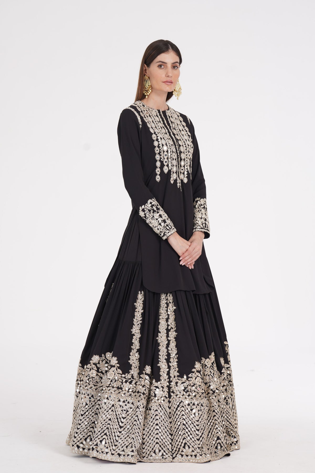 Carbon Black Embellished Kurta Skirt