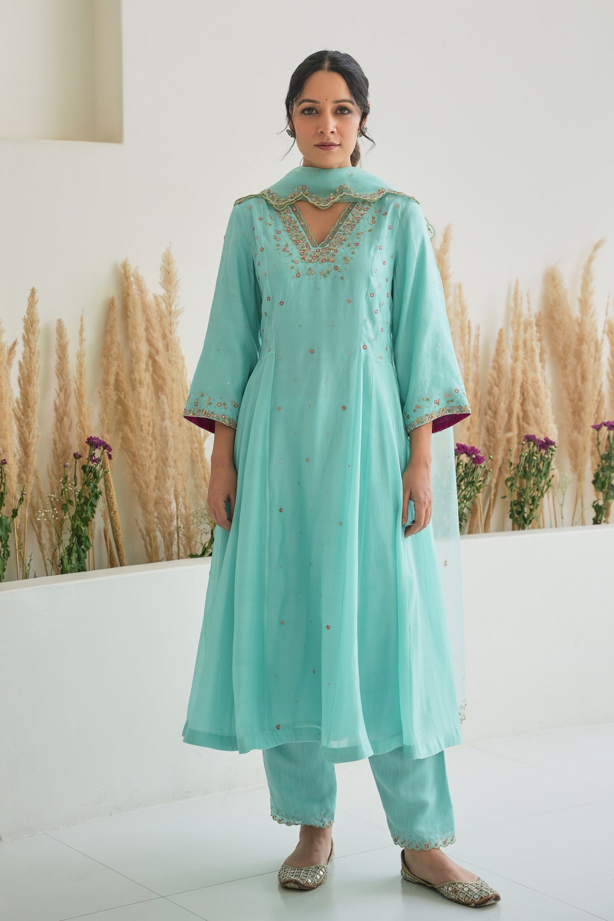 Feeha Anarkali Set in Aqua Blue With Dupatta