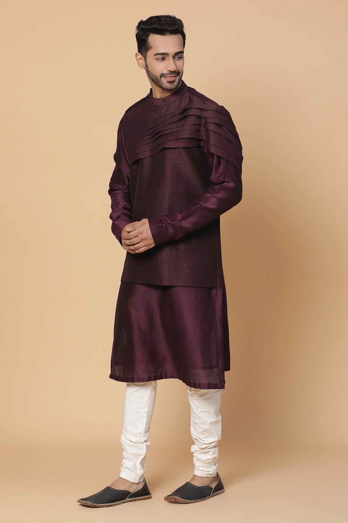 Maroon silk shoulder pleated kurta set