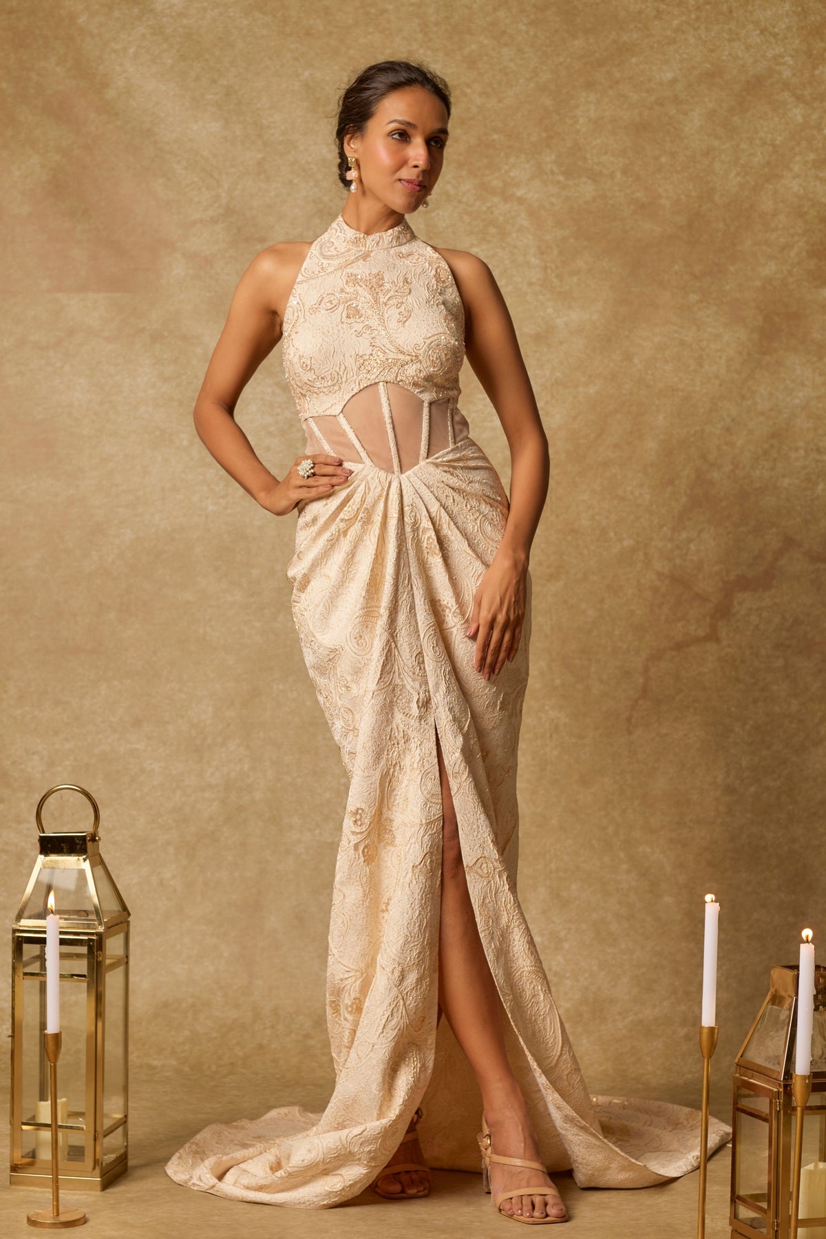 Beige Brocade Embroidered Gown