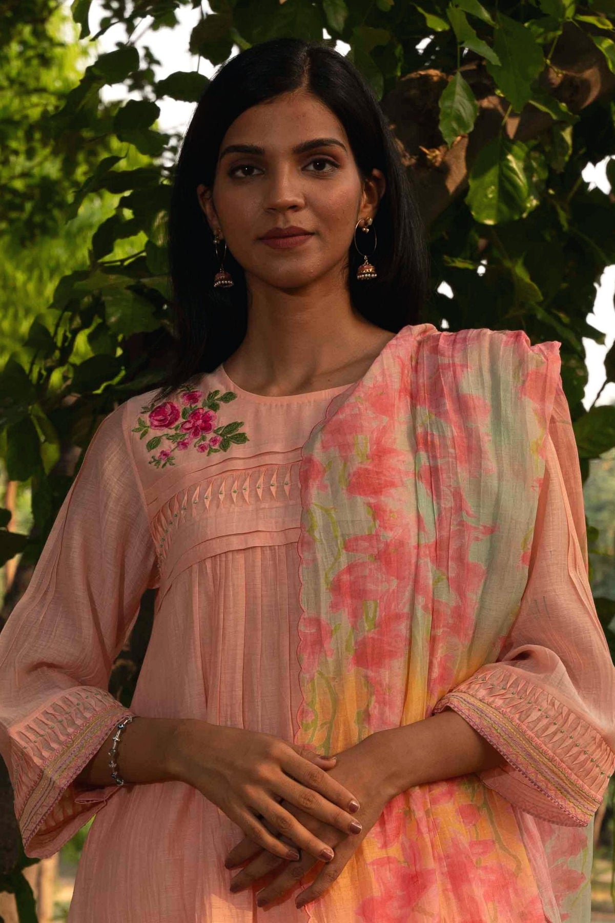 Peach Pleated Kurta  Set With Dupatta