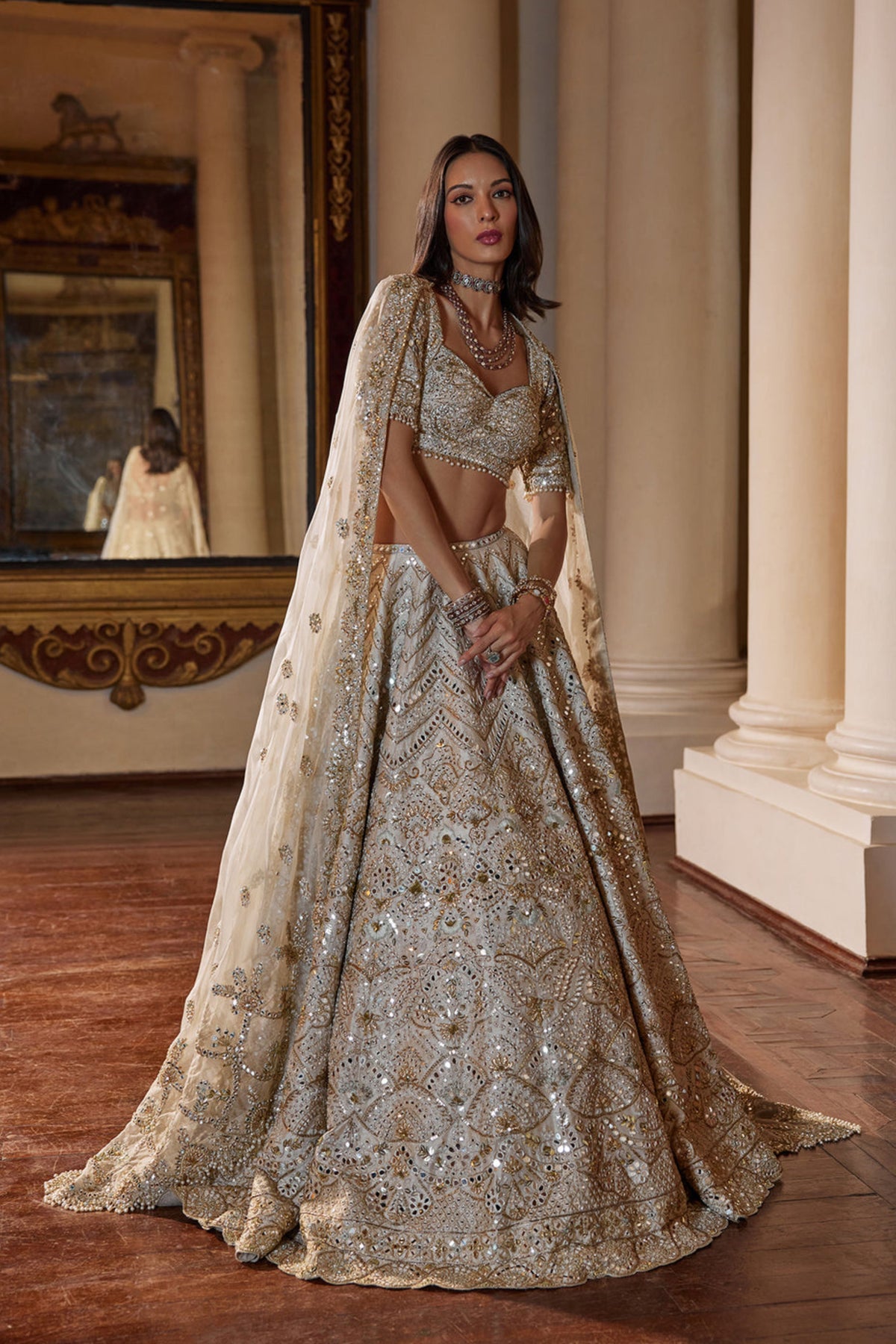 Cream Lehenga With Green Highlighting