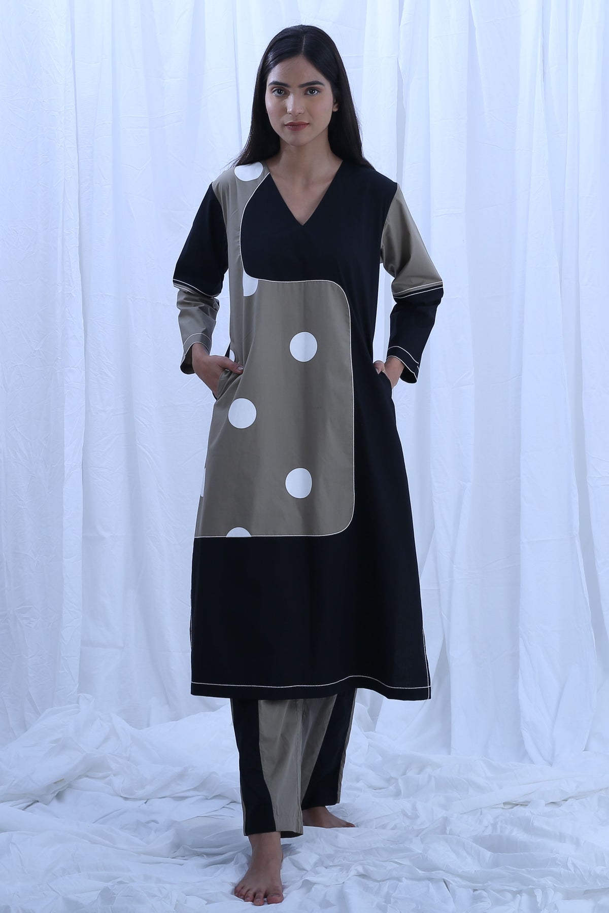 Earthy Grayish V-neck Polka Kurta Set