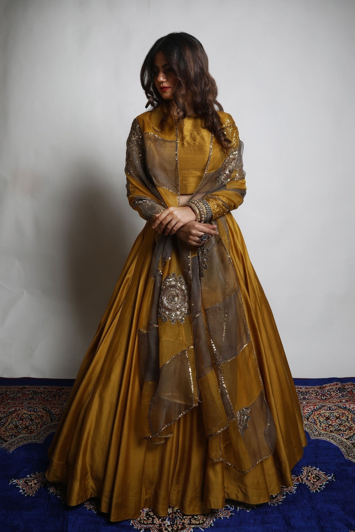 Burnt Gold &amp; Grey Lehenga Set