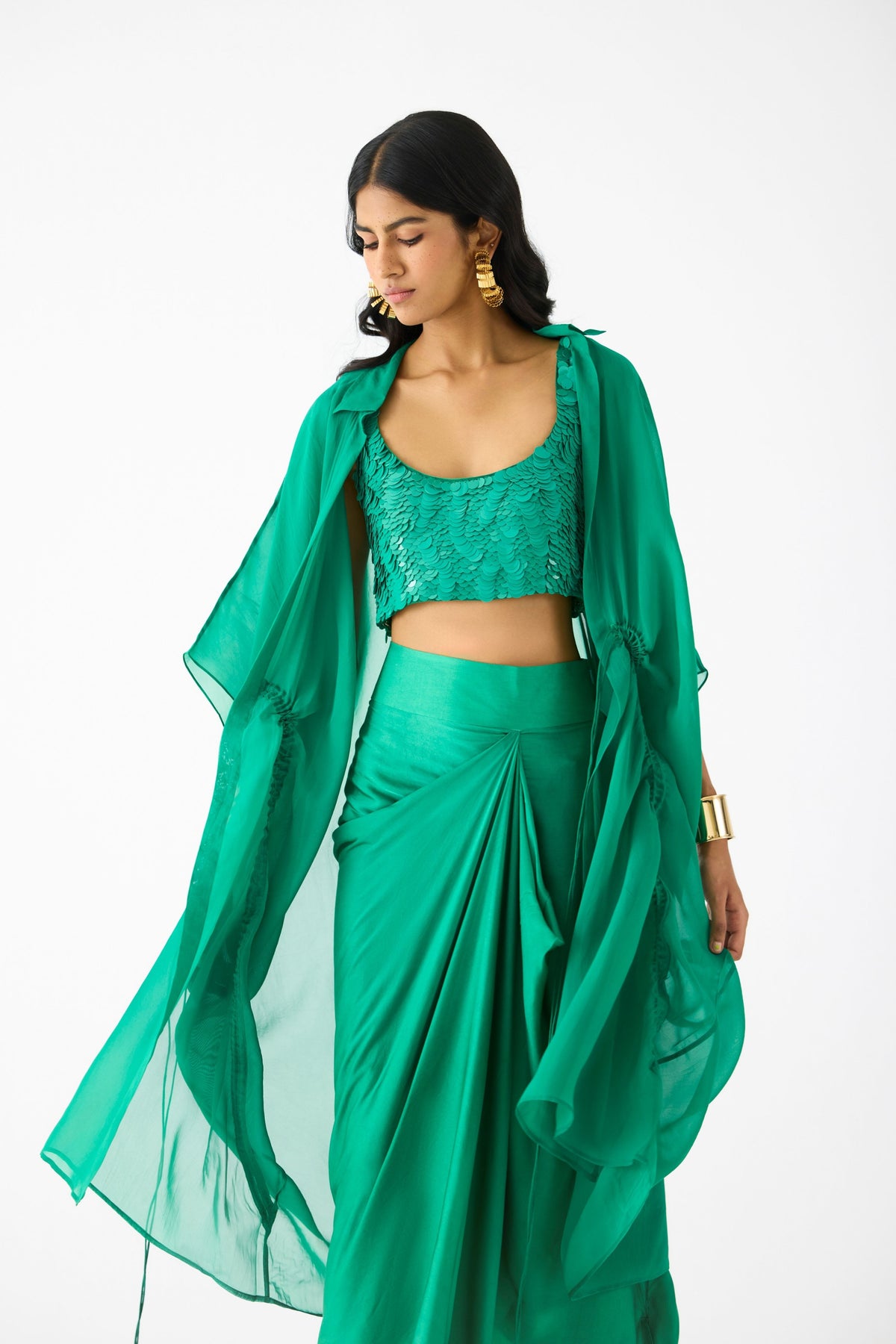 Emerald Blouse With Knot Skirt