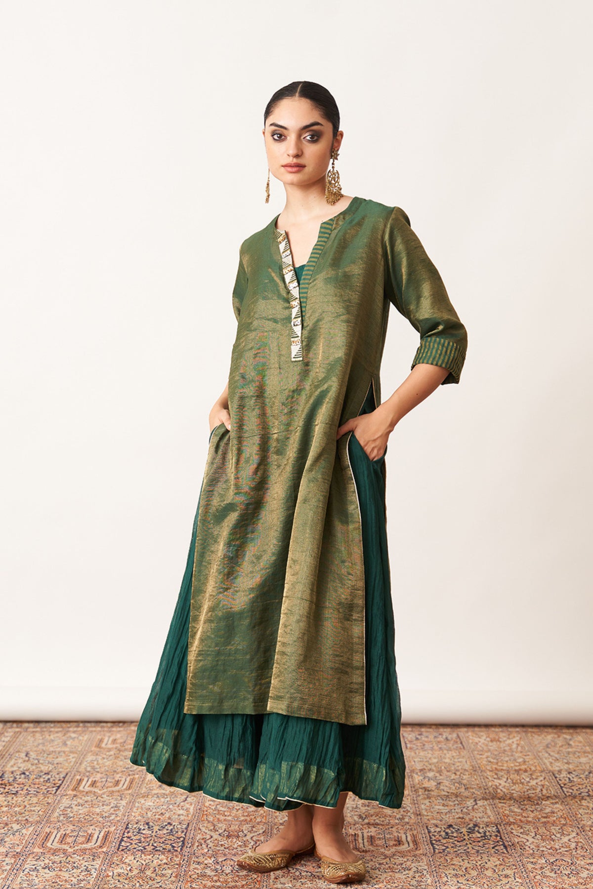 Bottle Green Kurta With Skirt