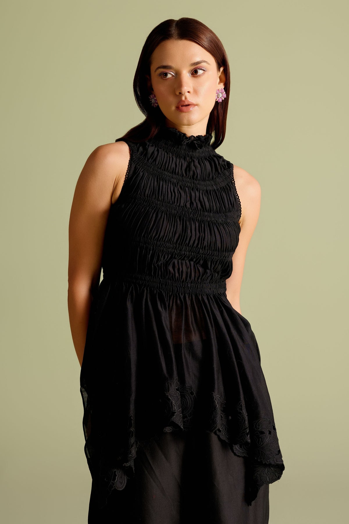 Black Ruched Cutwork Peplum Top