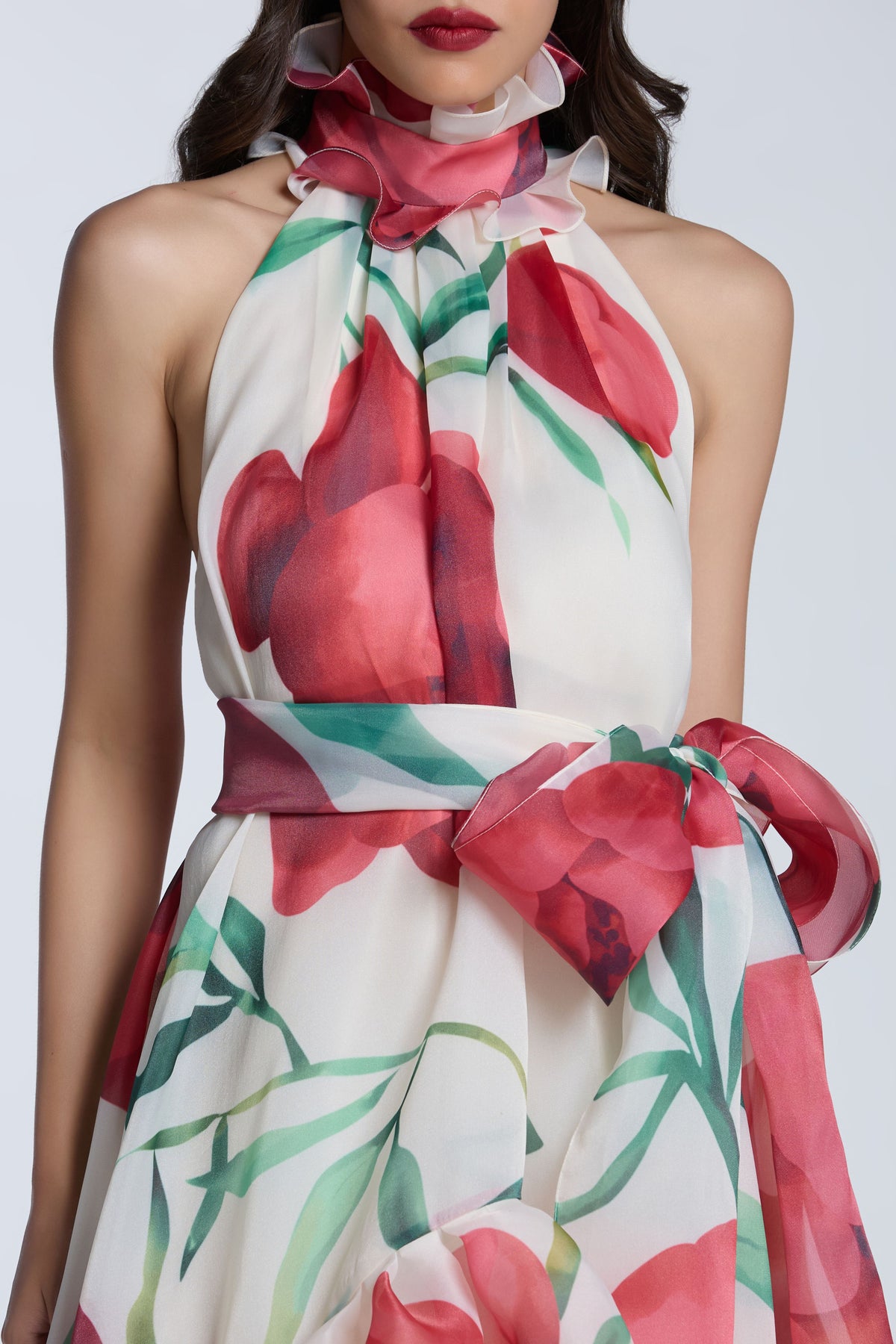 Red Peonies on Ivory Dress