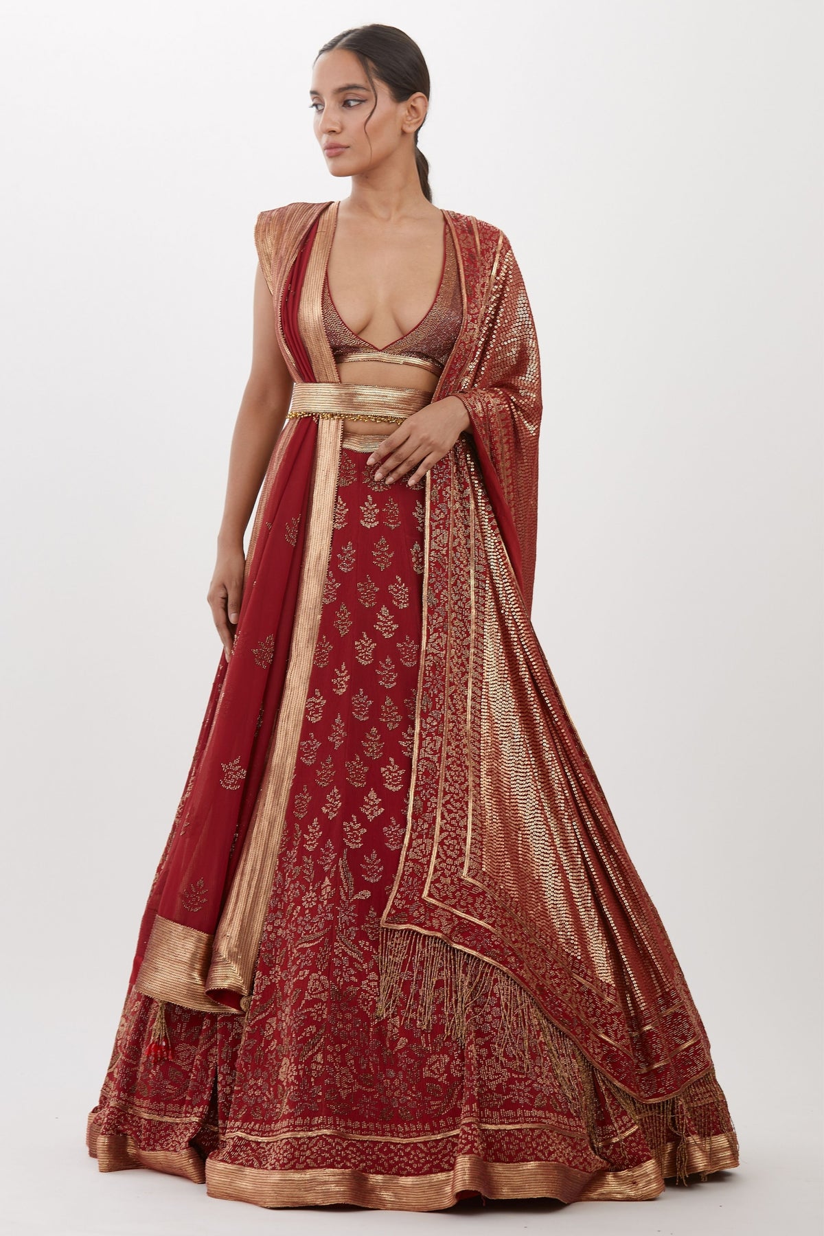 Red Cutdana Lehenga Set