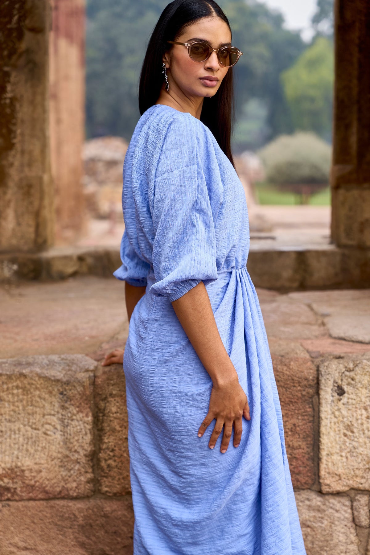 Blue Draped Midi Dress