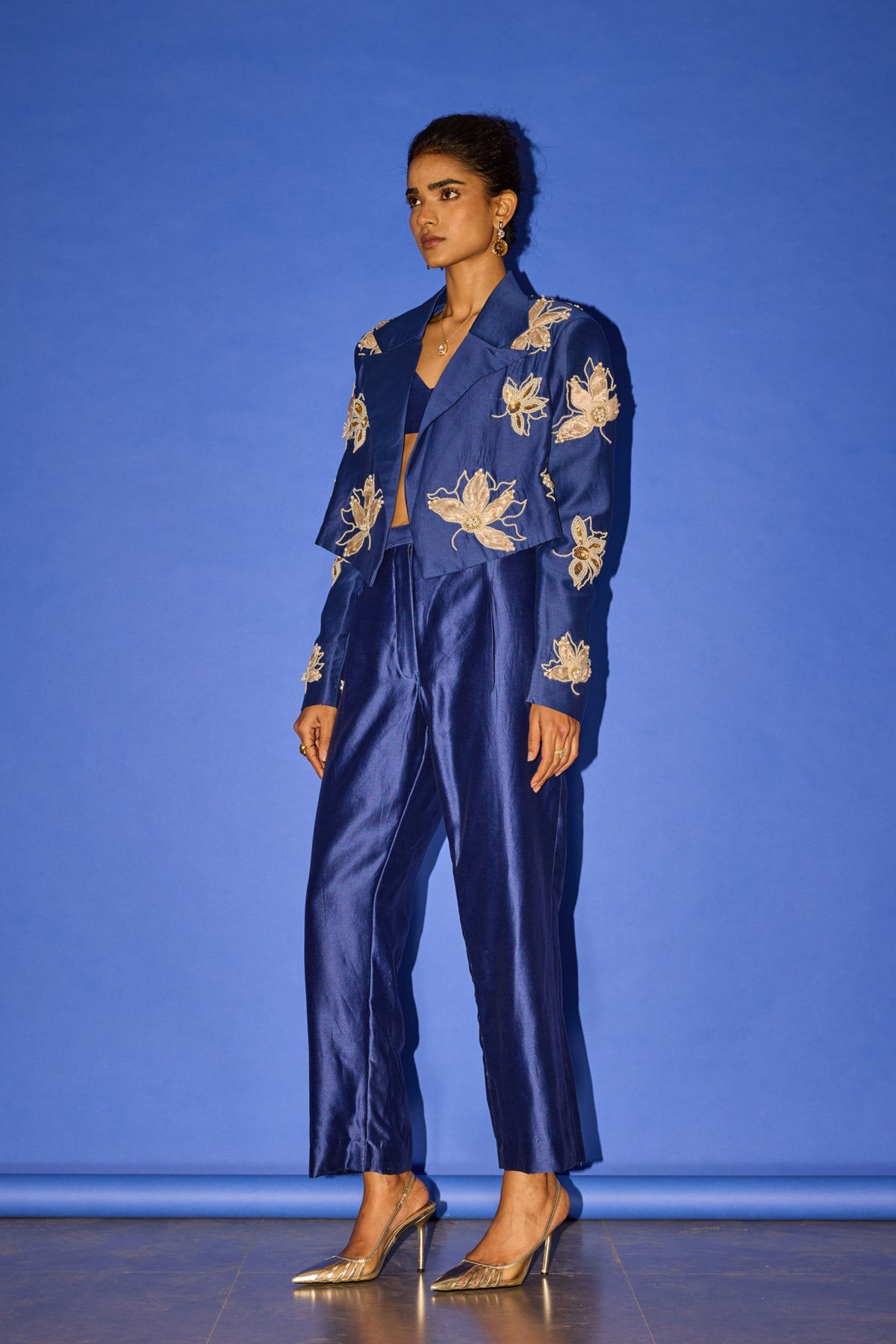 Blue Flower Embroidery Blazer Set