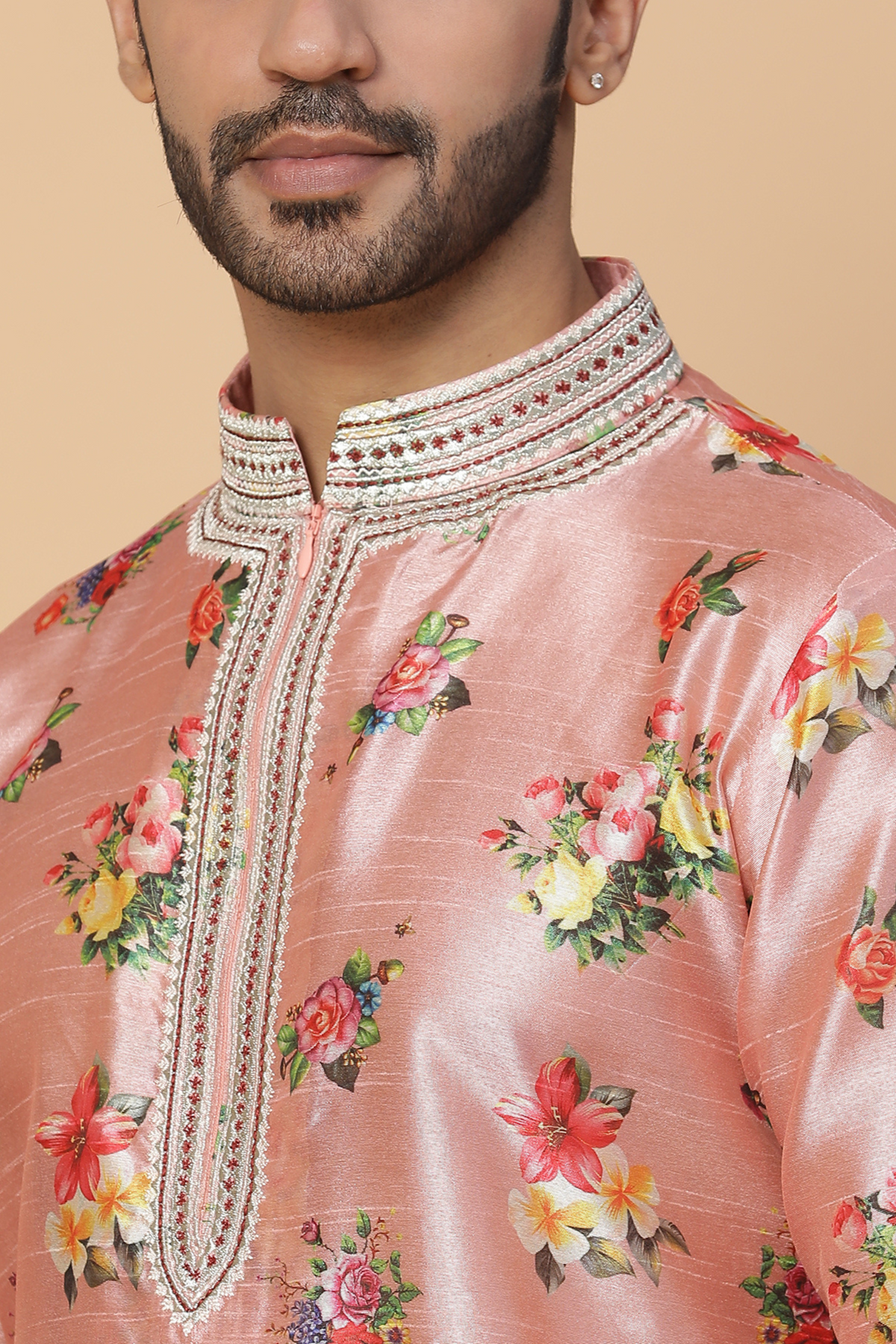 Pink floral silk kurta