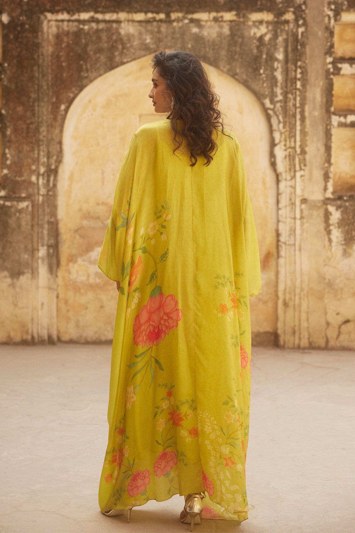 Printed Lime Yellow Kaftan Set