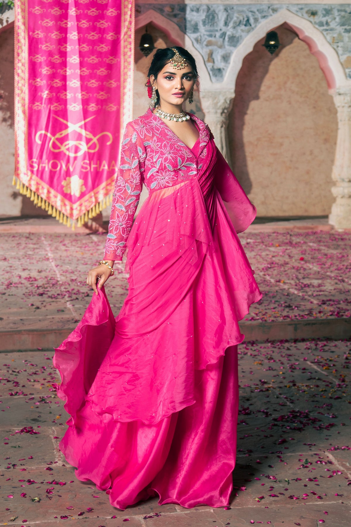 Hot Pink Embroidered Drape Saree Set