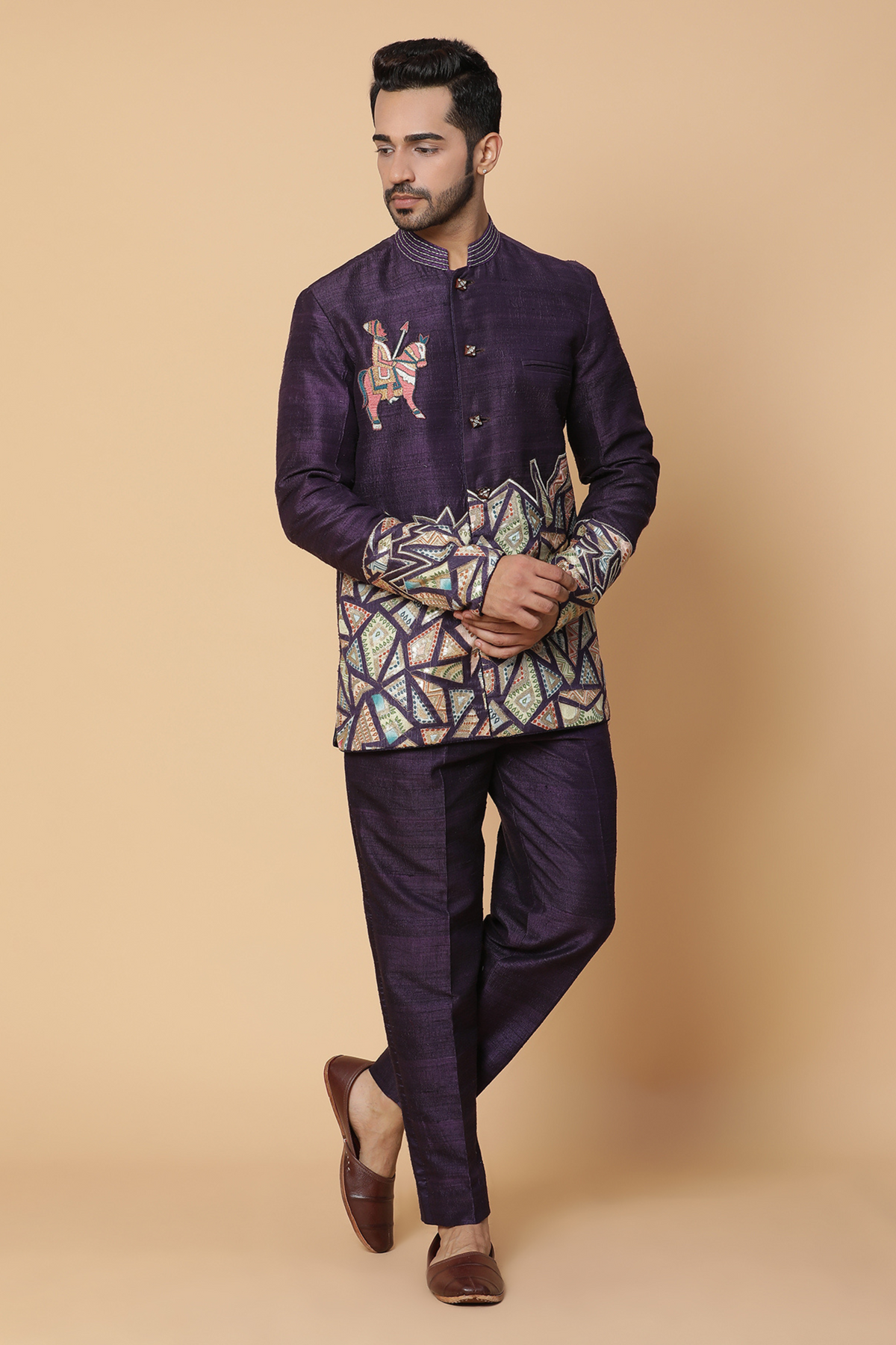 Purple embroidery bandhgala jacket set