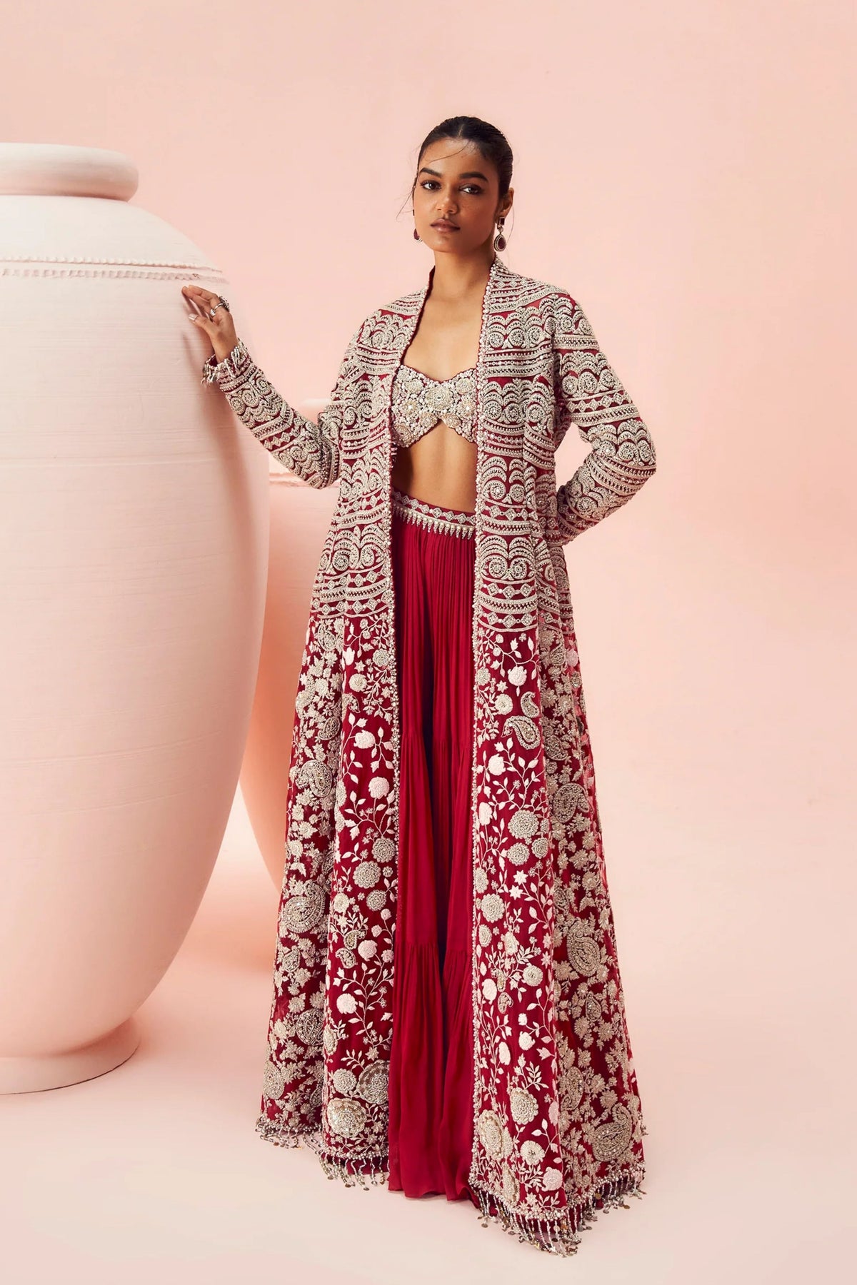 Red Embroidered Jacket And Skirt Set