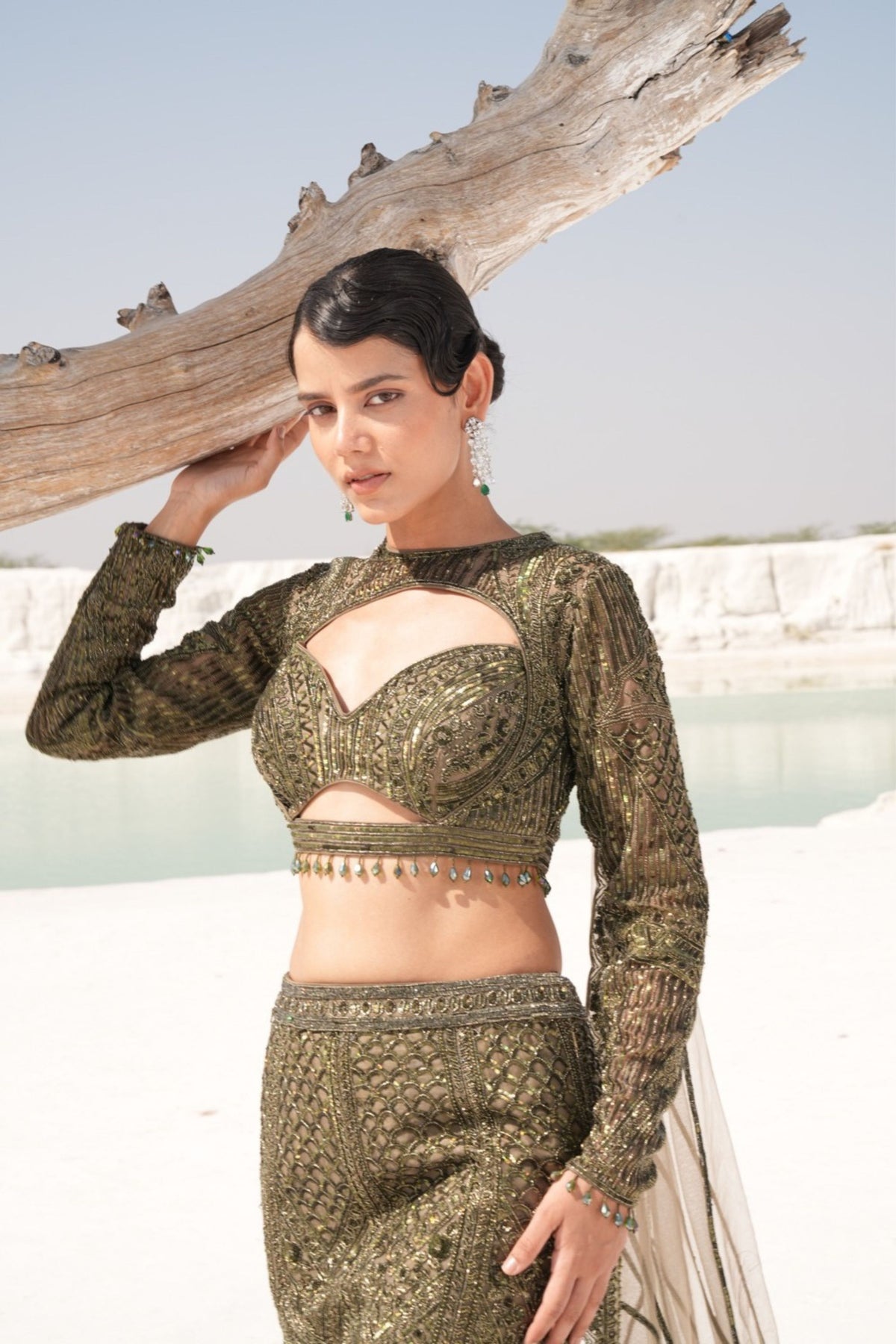 Green Fish Cut Lehenga Set