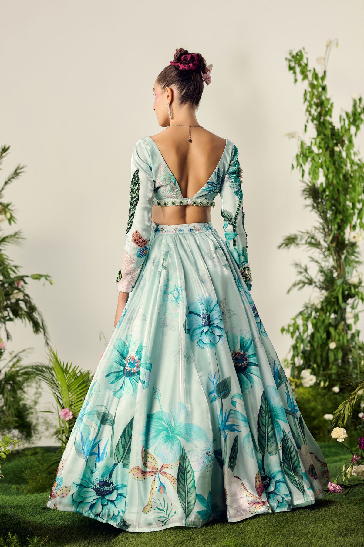 Blue Floral Print Lehenga Set