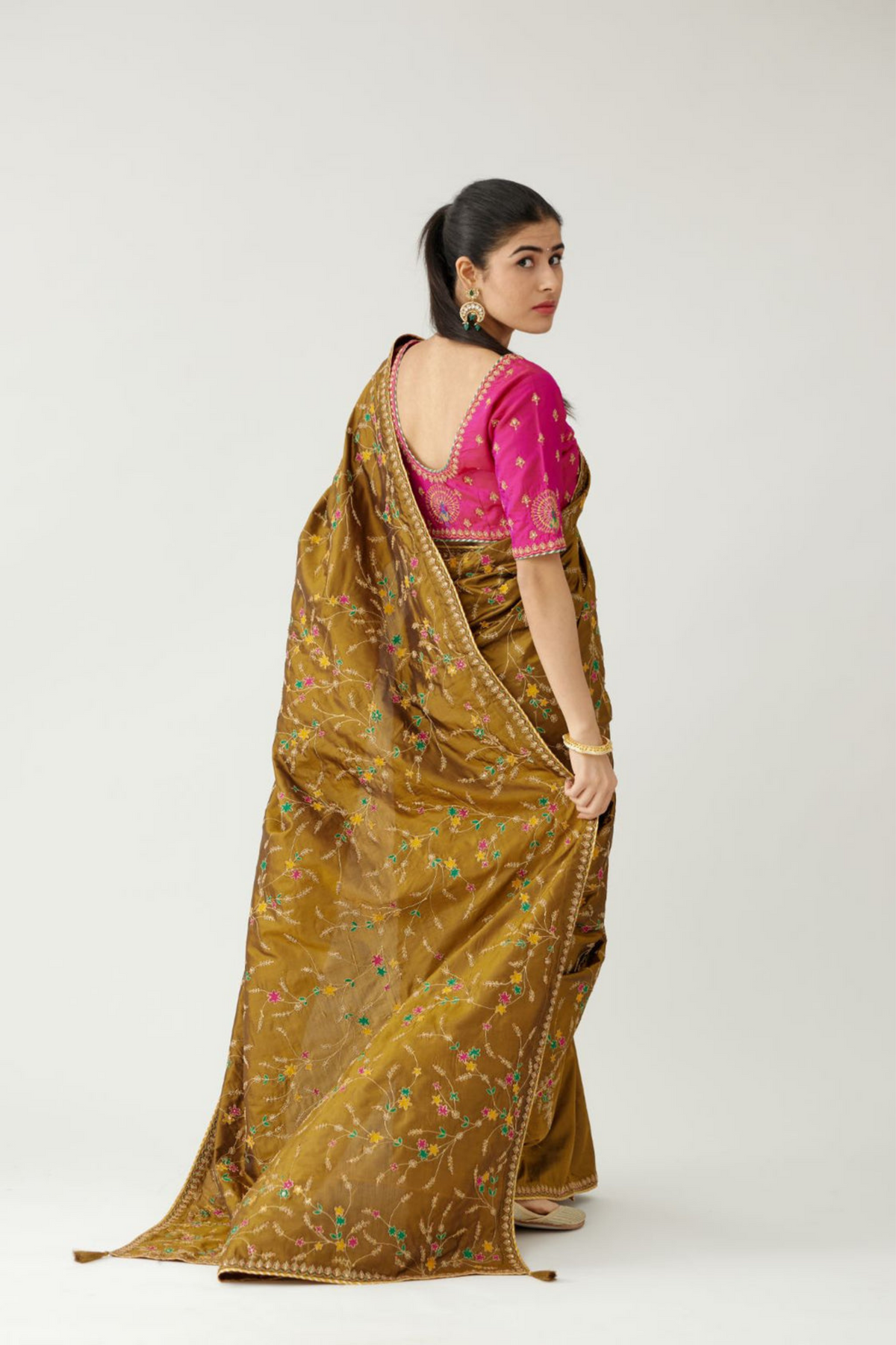 Golden olive silk saree set