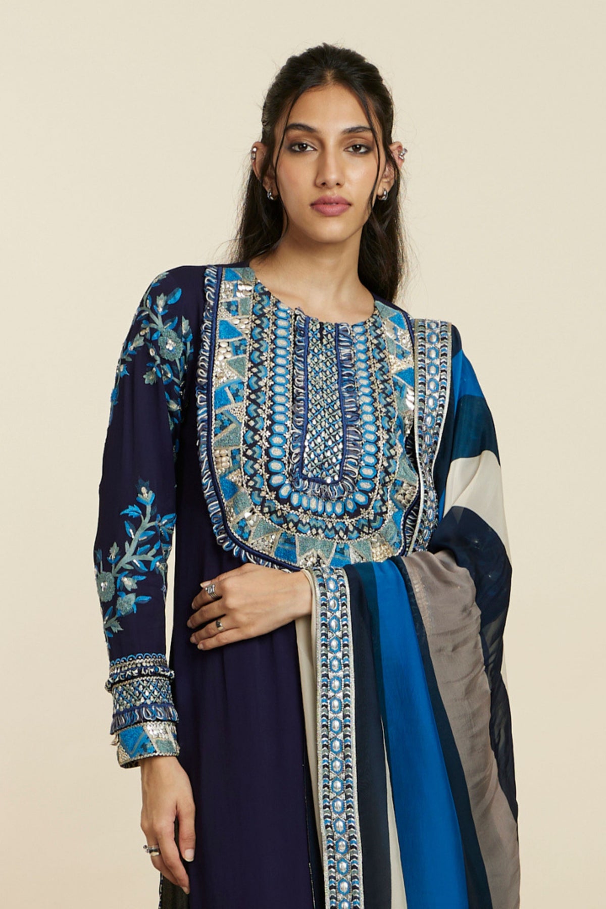 Blue Embellished Yoke Kurta Set