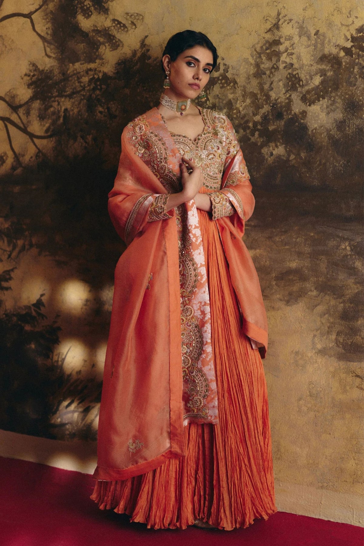 Saffron Crushed Anarkali Set