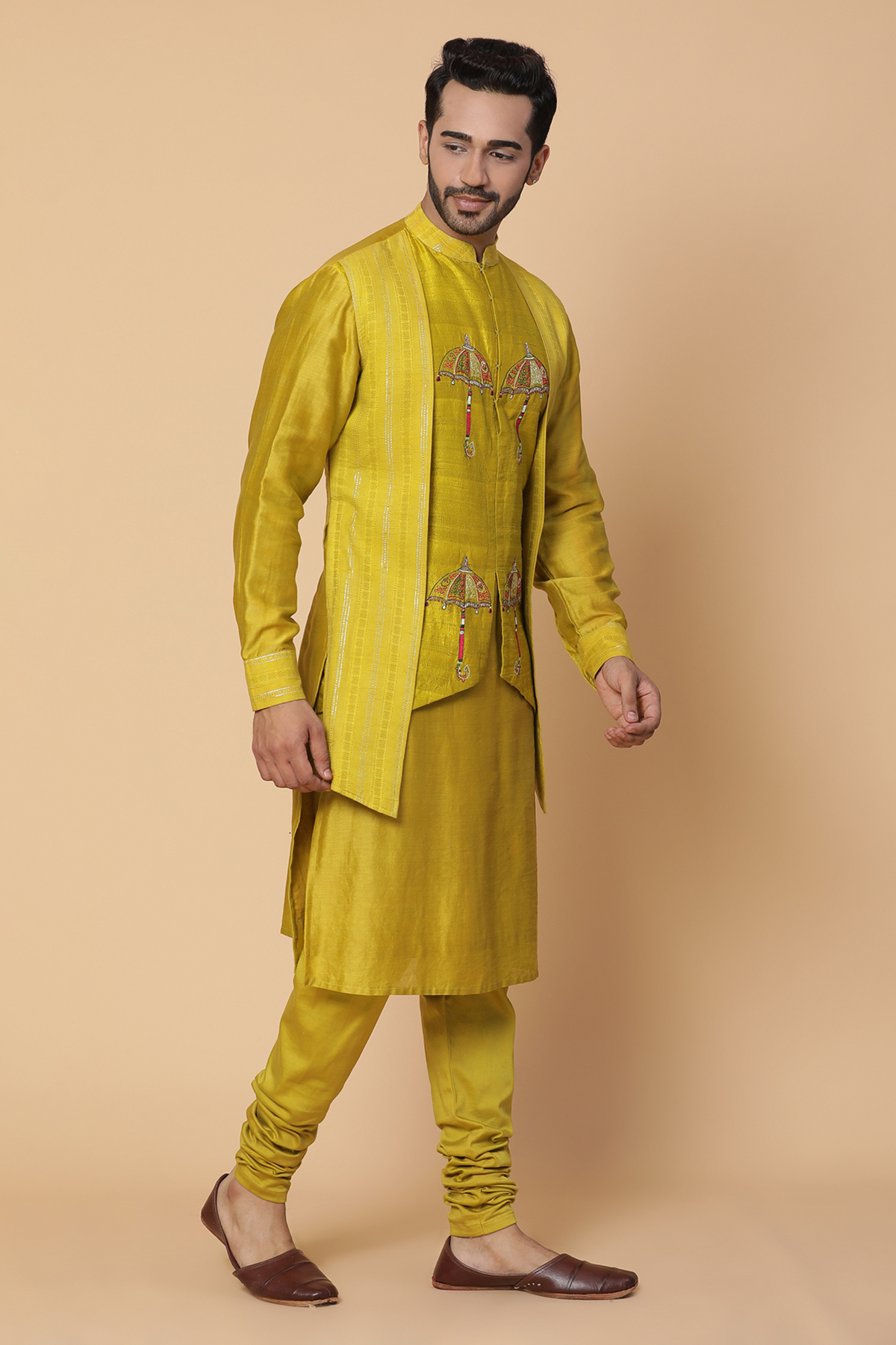 Mustard umbrella kurta with churidar