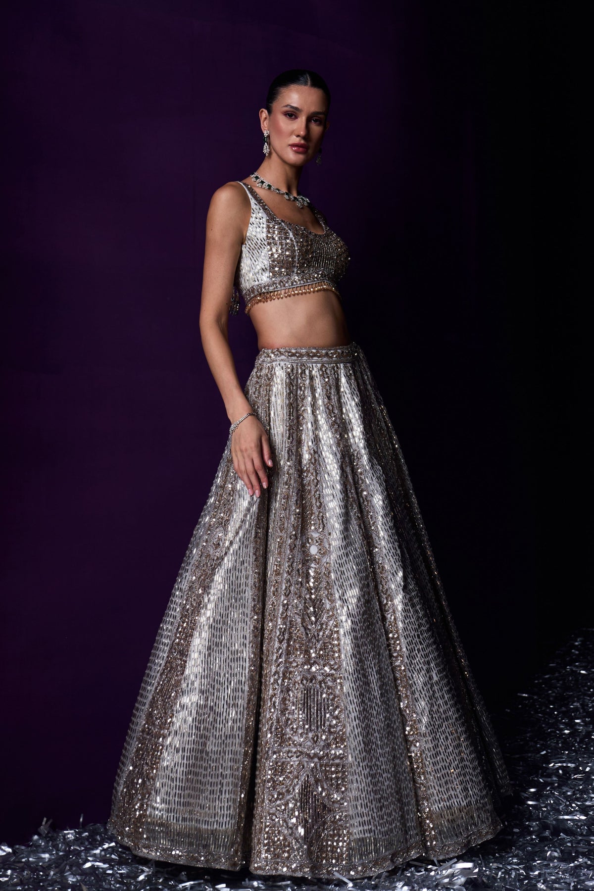 Grey Organza Embroired Lehenga Set